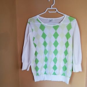 Banana Republic White with Light Green Argyle Sweater